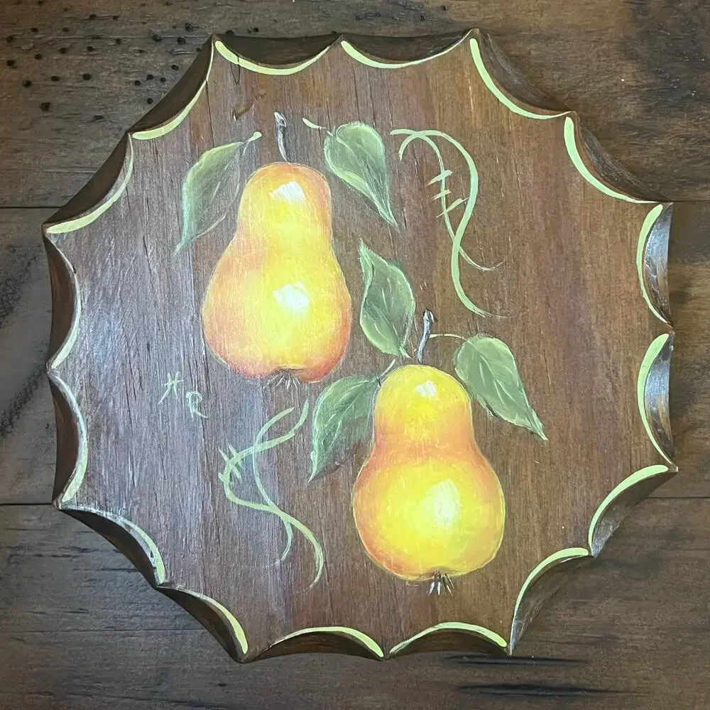 Vintage 70s Hand Painted Pear Wall Plaque Folk Art Signed Texas Kitchen Decor